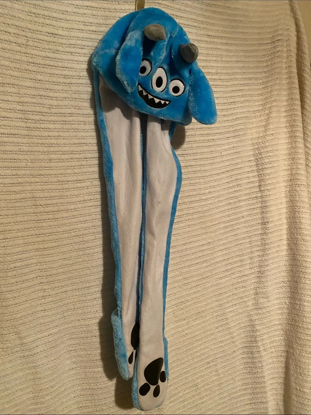 Kids Plush Blue Monster Hooded Scarf with Paw-Print Mitts